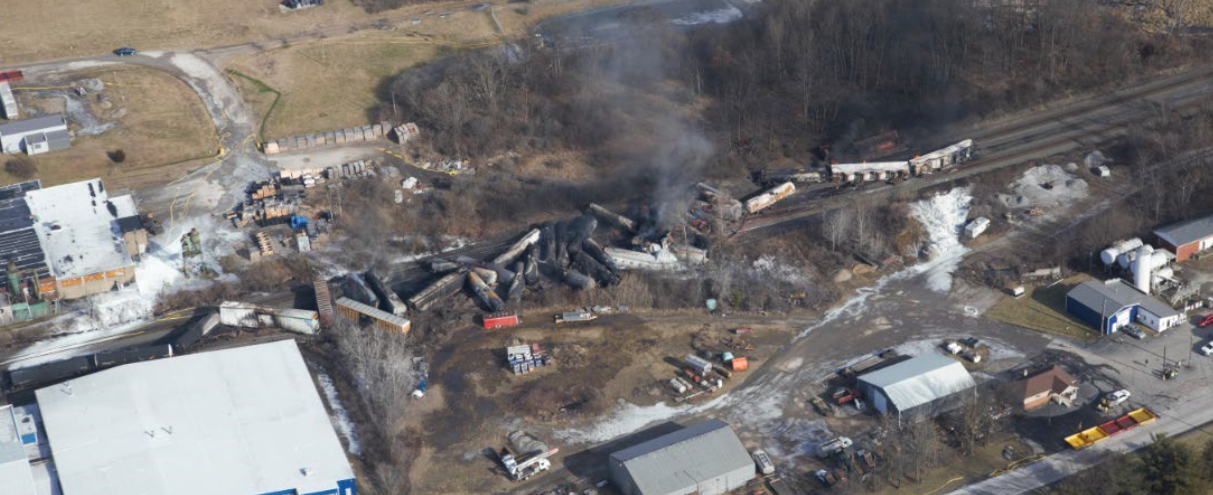 An aerial view of the Norfolk Southern freight train derailment in East Palestine, Ohio captured on Feb. 5, 2023. (Source: NTSB)